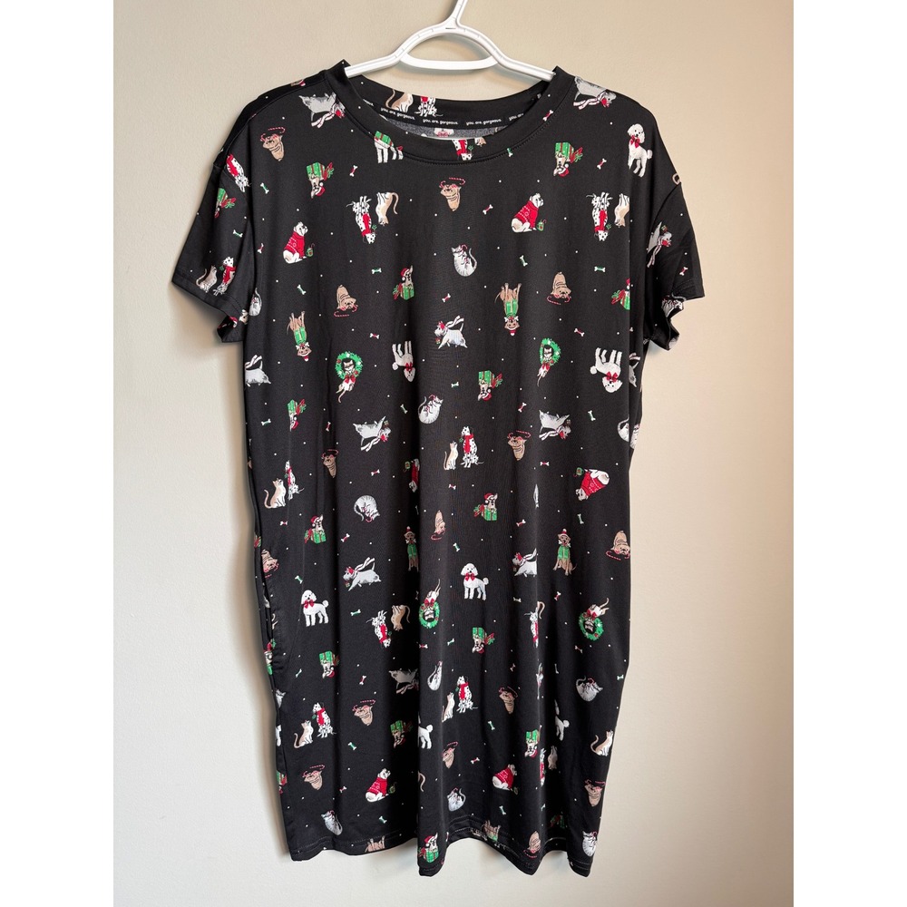 Joyspun Womens Black Christmas Dog Cat Sleep Shirt S/M Holiday Cozy Whimsical